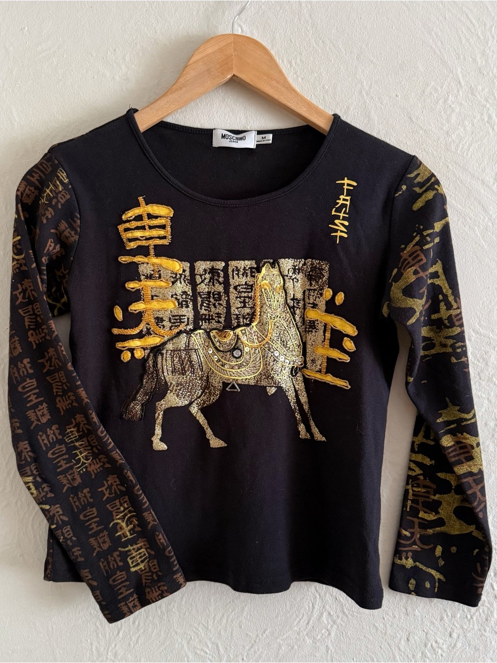 Vintage Moschino Black Long-Sleeve Top with Gold Horse Graphic Size M